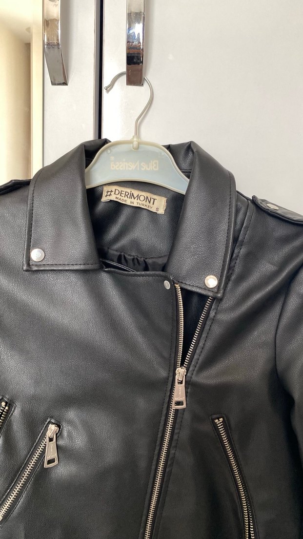Siyah Mini Deri Biker Ceket - Görsel 3