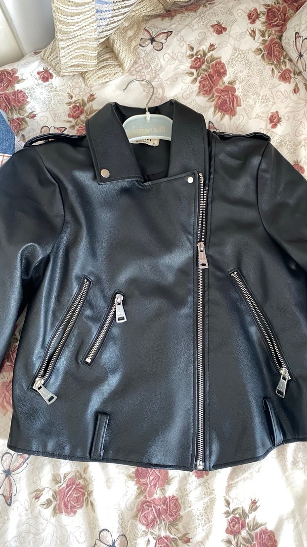 Siyah Mini Deri Biker Ceket - Görsel 2