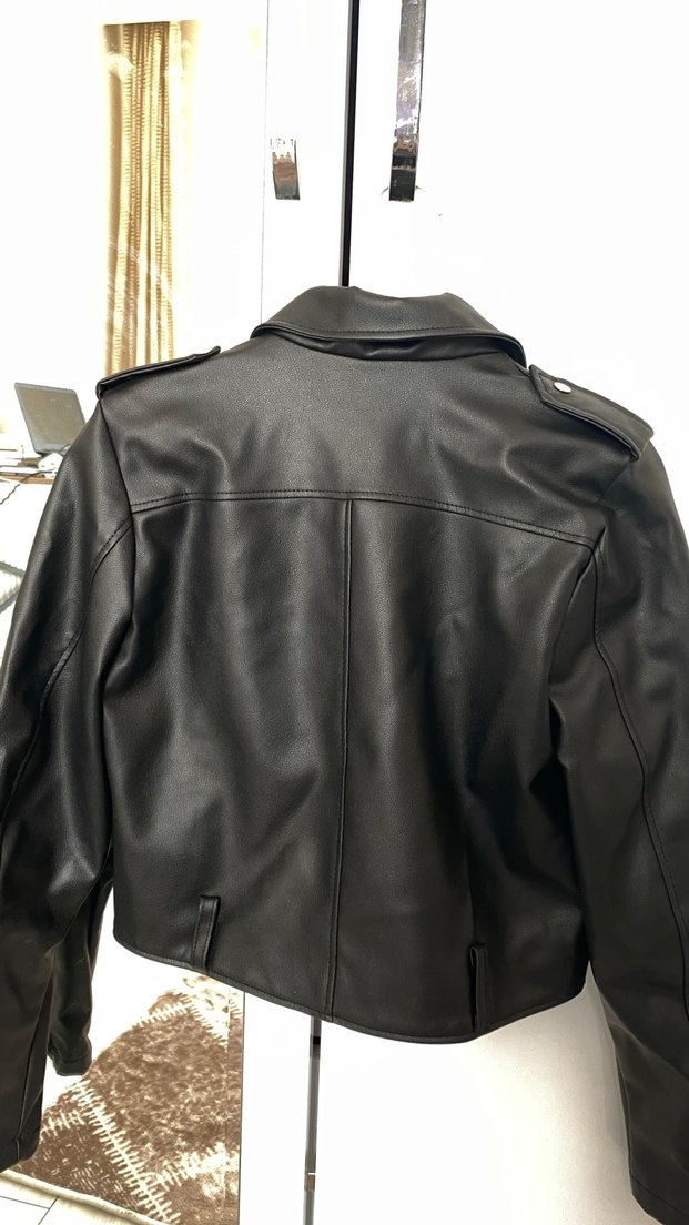 Siyah Mini Deri Biker Ceket - Görsel 4