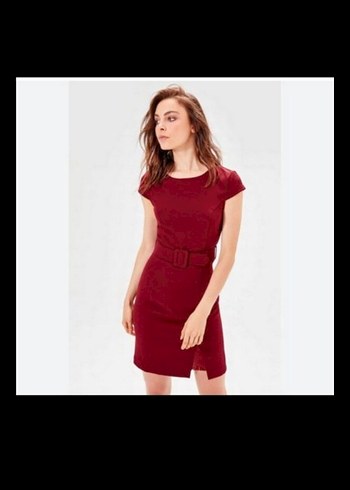 Bordo Kemerli Mini Elbise