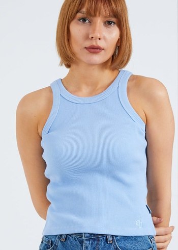 Mavi Yüksek Yaka fitilli Kolsuz Crop Top - Görsel 2