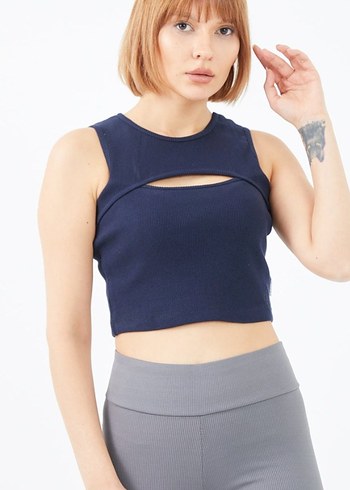 Lacivert Spor Kısa Fitilli Crop Top - Görsel 2