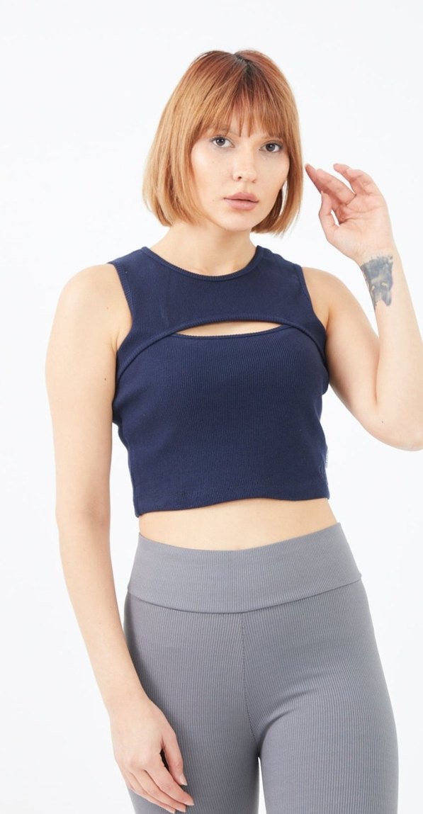 Lacivert Spor Kısa Fitilli Crop Top - Görsel 2