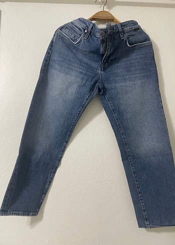 38 Beden Kadın Gri Mavi Kemerli Denim Pantolon