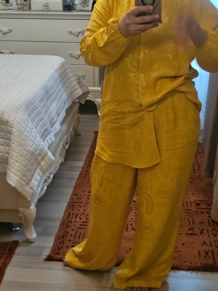 Sarı Midi Kadın gomlek pantolon takim - Görsel 3