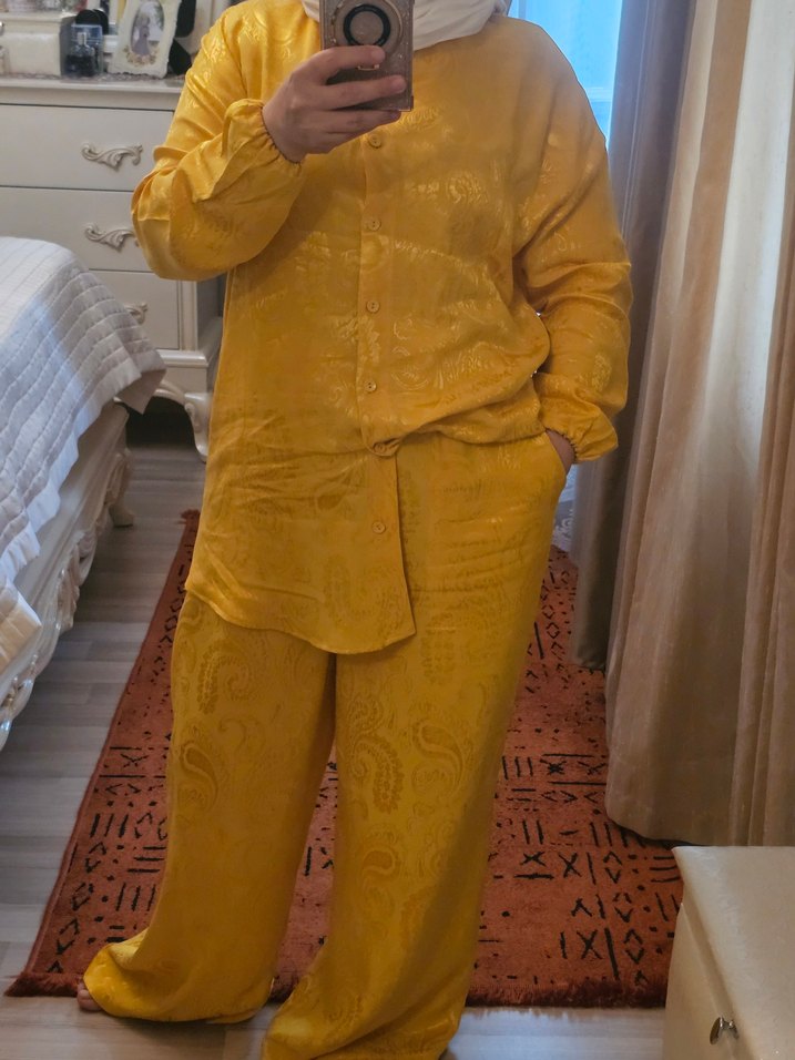 Sarı Midi Kadın gomlek pantolon takim - Görsel 4