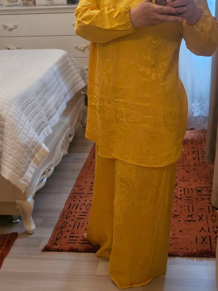 Sarı Midi Kadın gomlek pantolon takim - Görsel 2