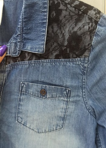xs Beden H&M-India/Kadın siyah dantel detaylı denim gömlek