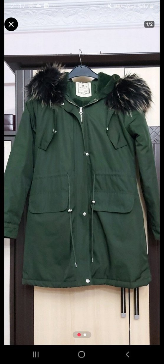 Kadın Yeşil Uzun Kışlık Kürklü Mont - Görsel 2