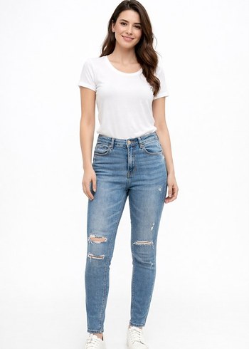 Diz Yırtıklı Dar Kesim Mavi Kadın Jean Likrali - Görsel 2