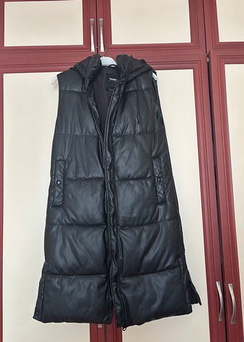 Kadın Siyah Deri Kemerli Uzun Yelek - Görsel 2