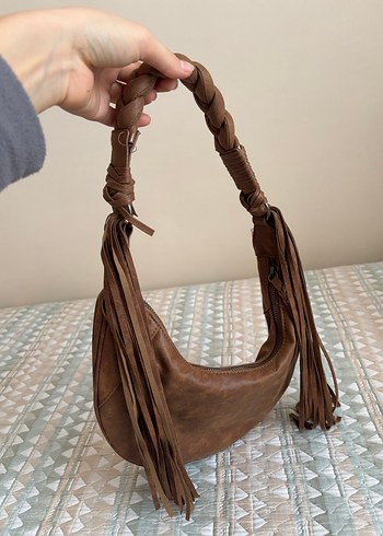 Örgülü Saplı Kahverengi Deri Kadın Çanta - Görsel 2