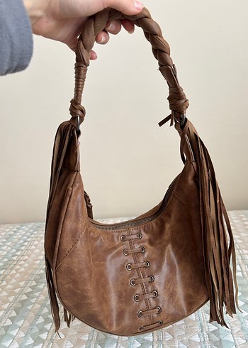 Örgülü Saplı Kahverengi Deri Kadın Çanta - Görsel 6