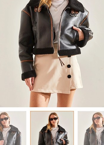 Kahverengi Siyah Kürklü Kısa Deri Ceket - Görsel 2