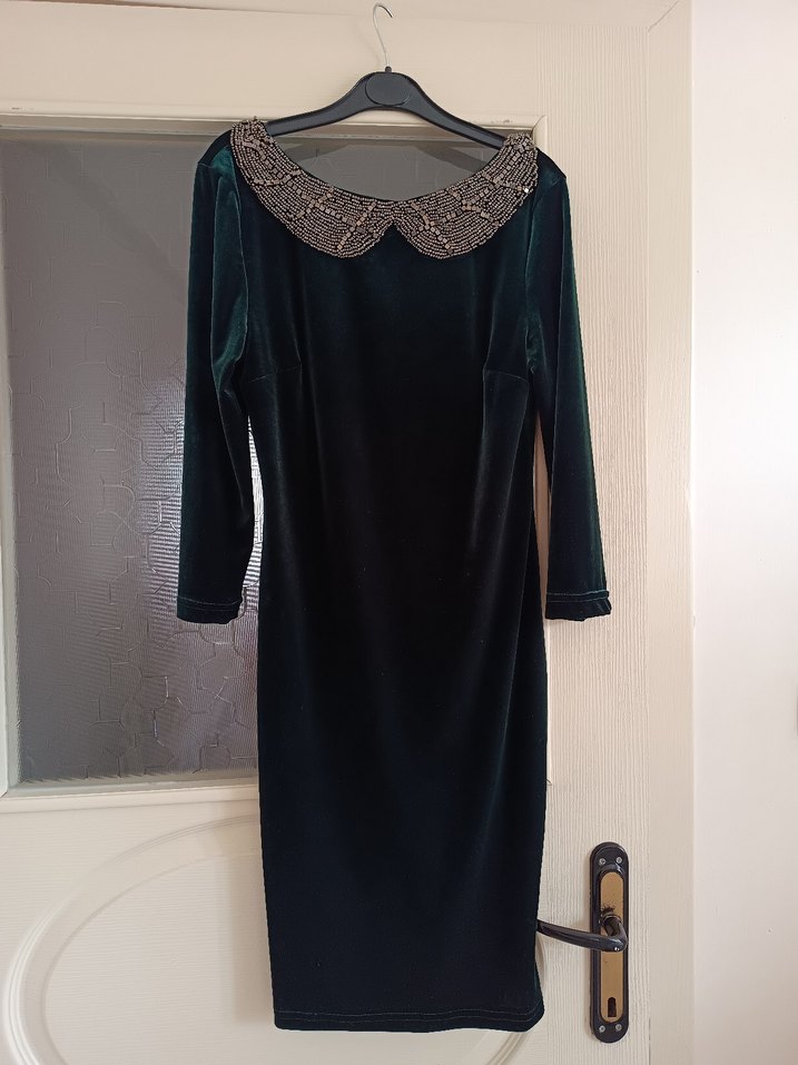 Koyu Yeşil Kadife Elbise - Görsel 3