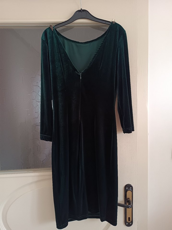 Koyu Yeşil Kadife Elbise - Görsel 4