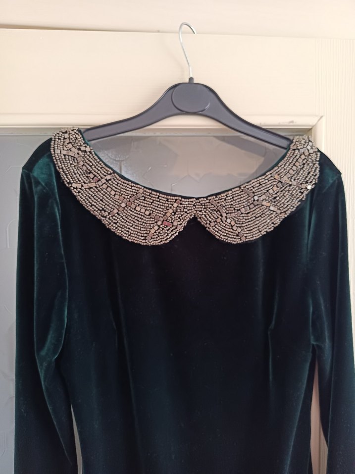 Koyu Yeşil Kadife Elbise - Görsel 2