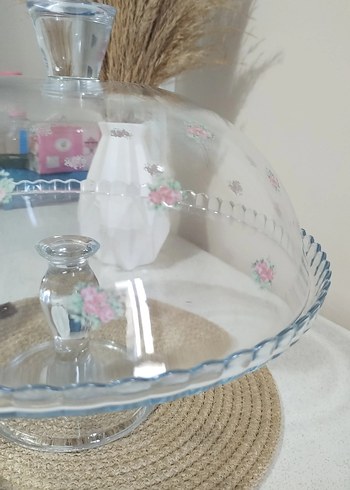 Çiçek Desenli Beyaz Cam Kek Fanusu - Görsel 4