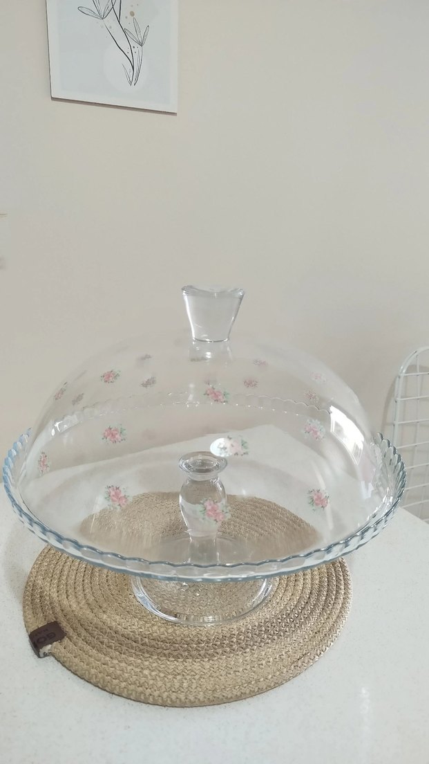 Çiçek Desenli Beyaz Cam Kek Fanusu - Görsel 5