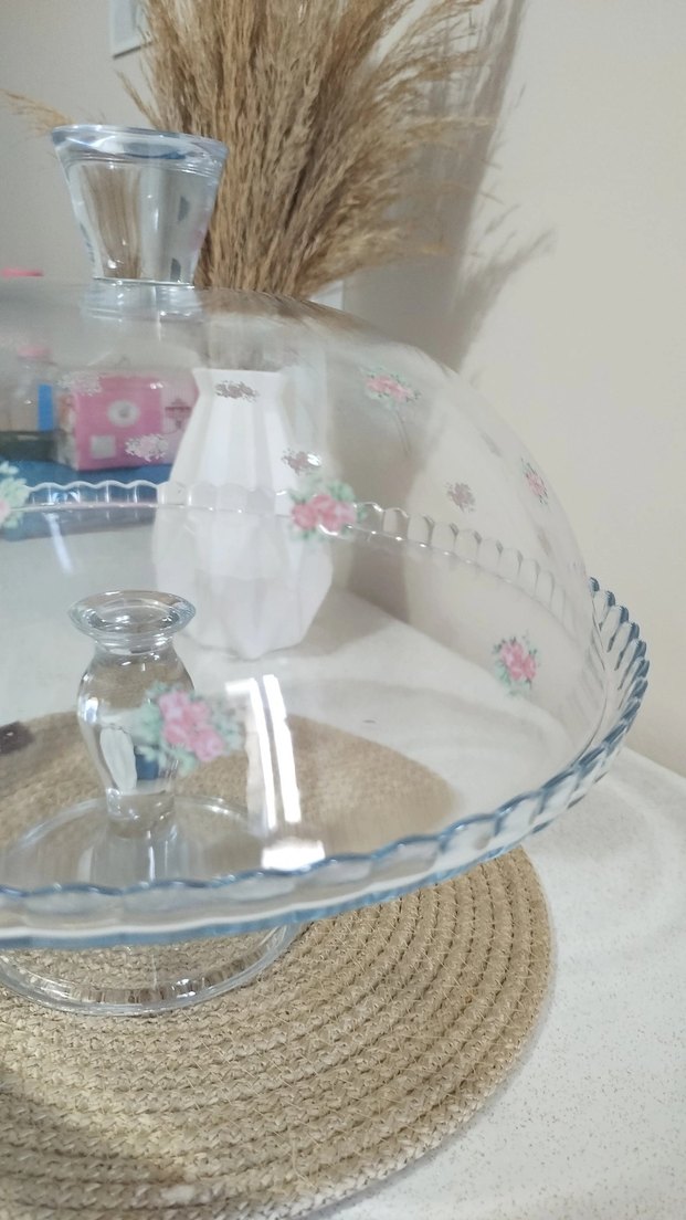 Çiçek Desenli Beyaz Cam Kek Fanusu - Görsel 4