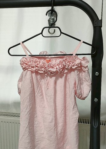 Kız Çocuk Pembe Keten Kısa Kollu Elbise - Görsel 5