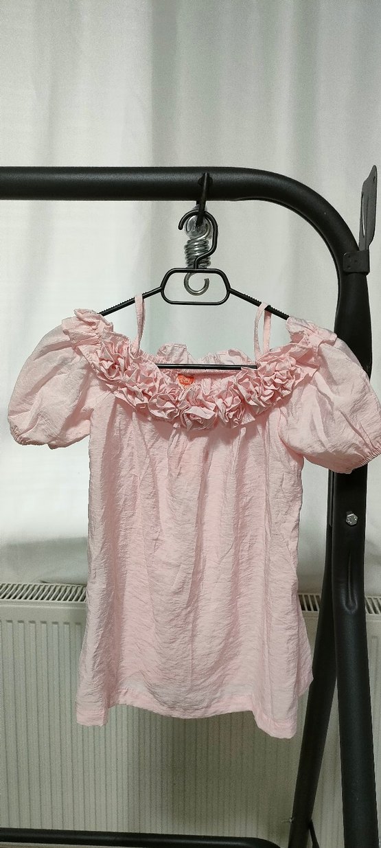 Kız Çocuk Pembe Keten Kısa Kollu Elbise - Görsel 4