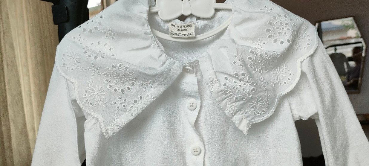 Beyaz Kız Çocuk Nakışlı Keten Gömlek - Görsel 5