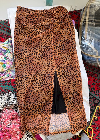 s Beden Drapeli Leopar Desenli Uzun Etek