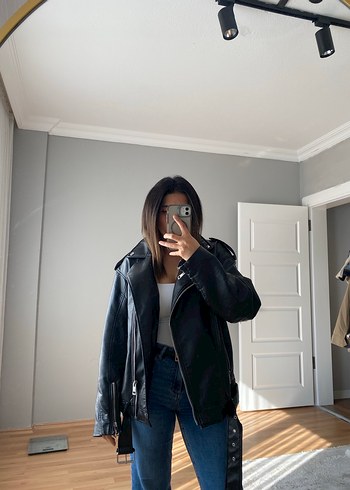 Siyah Deri Kadın Biker Ceket - Görsel 4