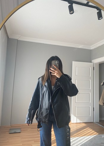 Siyah Deri Kadın Biker Ceket - Görsel 2