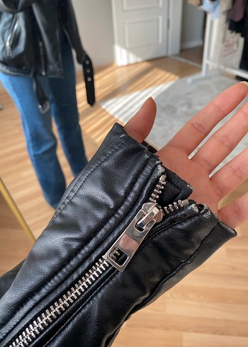 Siyah Deri Kadın Biker Ceket - Görsel 6