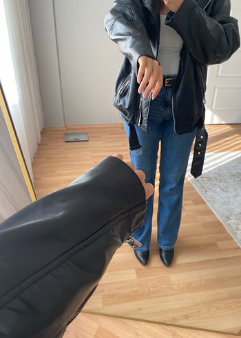 Siyah Deri Kadın Biker Ceket - Görsel 5