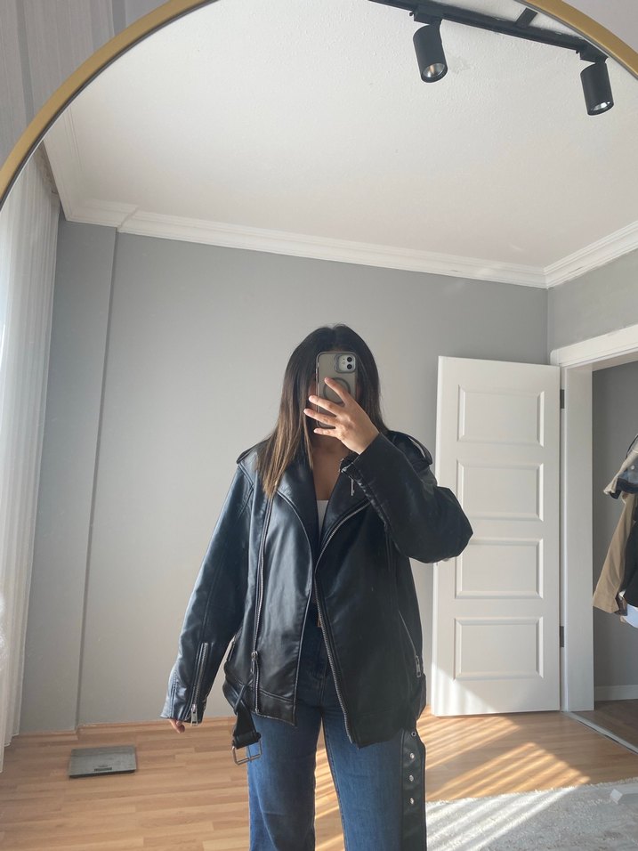 Siyah Deri Kadın Biker Ceket - Görsel 2