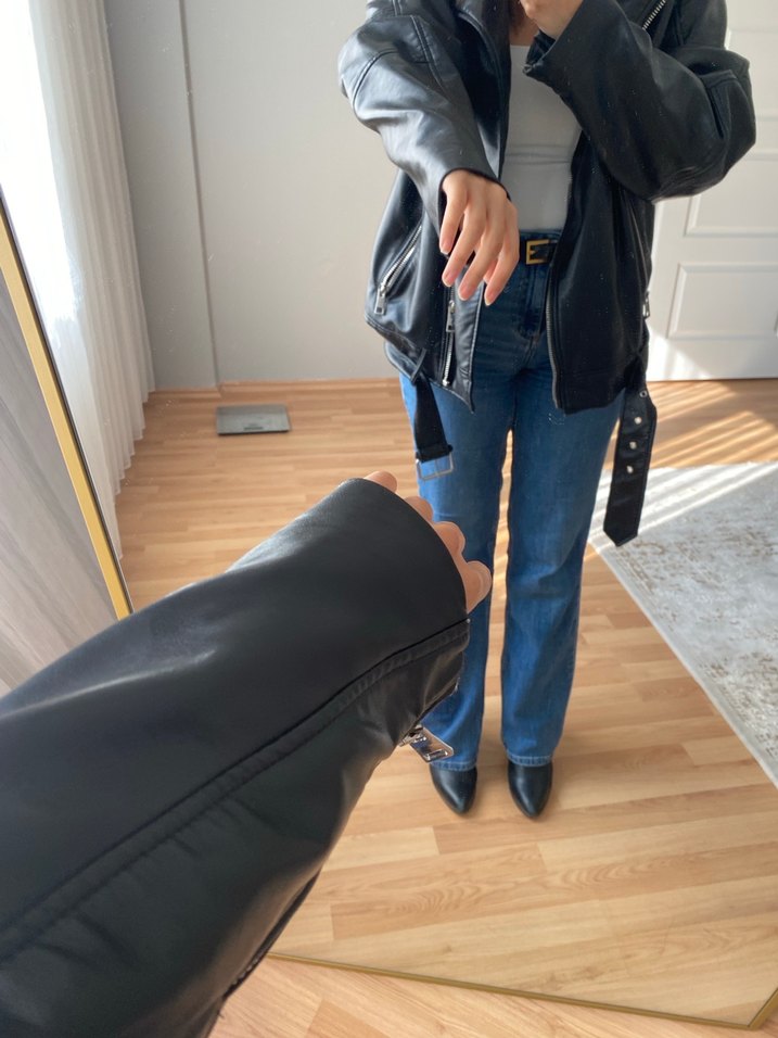 Siyah Deri Kadın Biker Ceket - Görsel 5