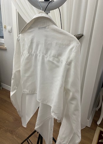 Drapeli Beyaz Keten Kadın Gömlek - Görsel 5