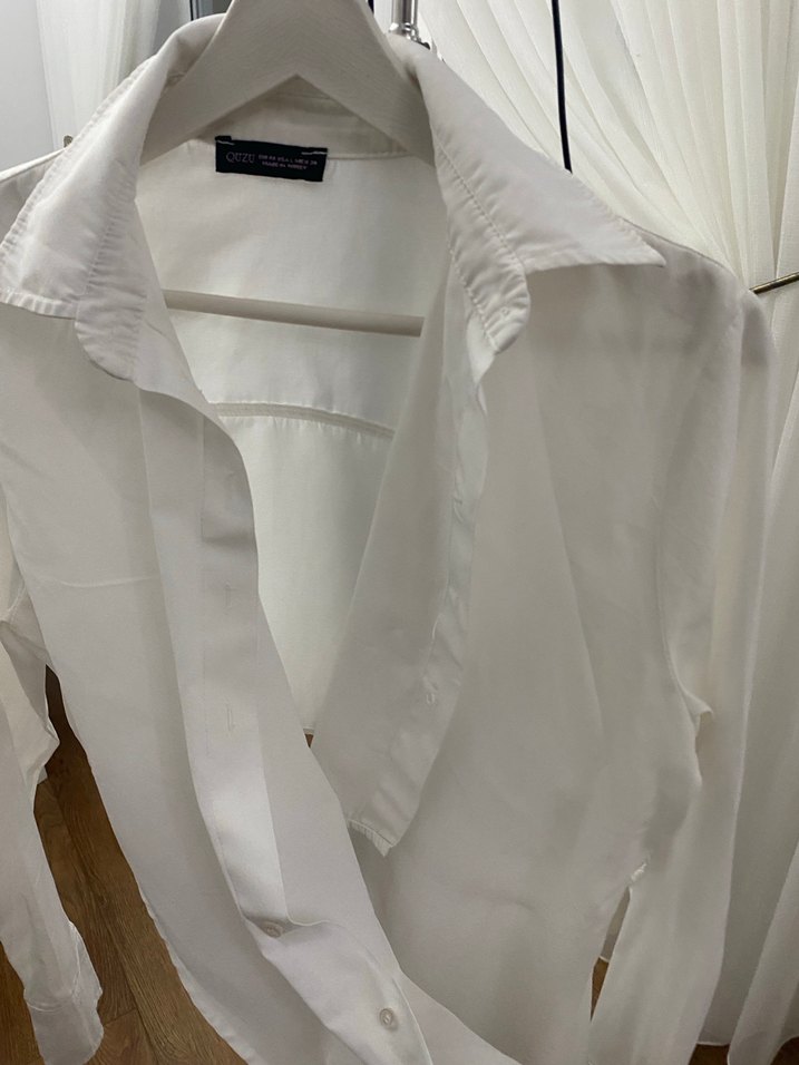 Drapeli Beyaz Keten Kadın Gömlek - Görsel 4