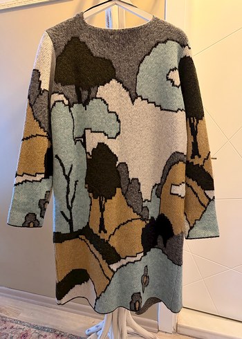 Uzun Gri Desenli Kadın Yün Hırka - Görsel 2