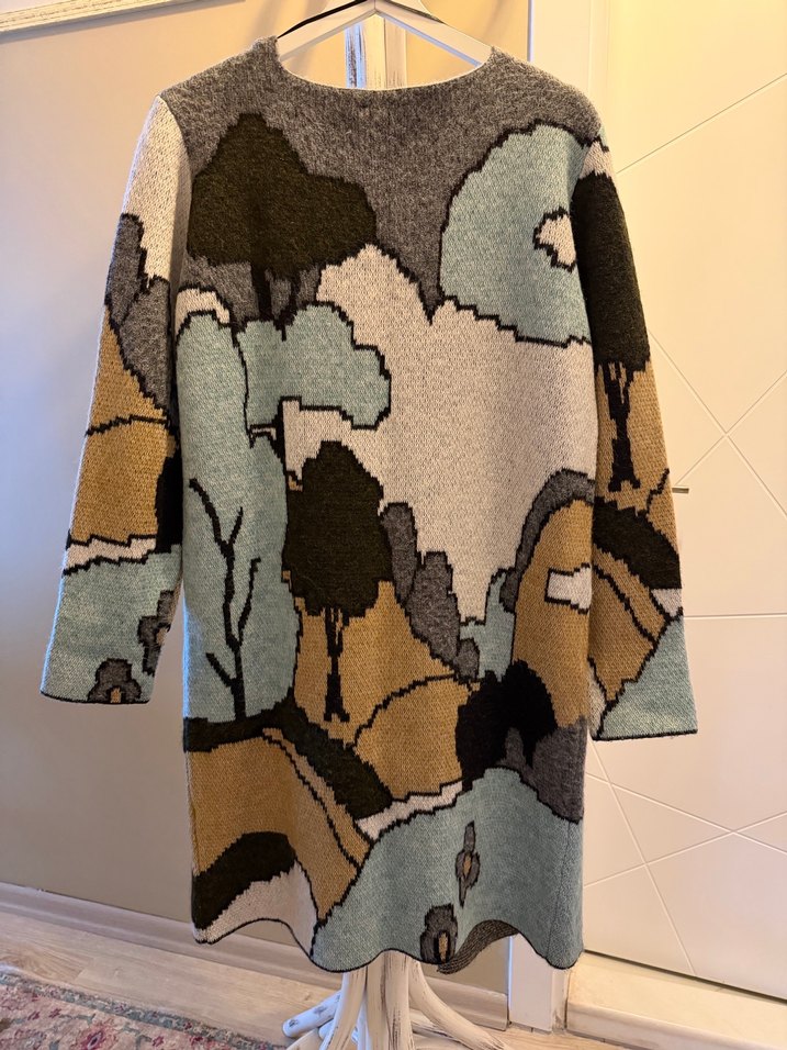 Uzun Gri Desenli Kadın Yün Hırka - Görsel 2