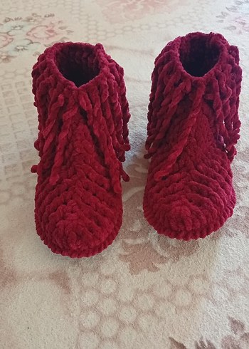 Bordo Örgü Kız Çocuk Ev Terliği - Görsel 2