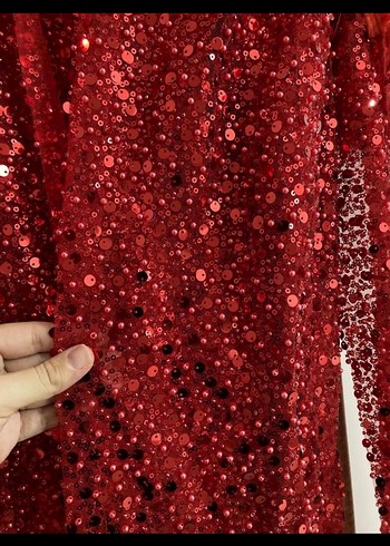 Kırmızı Parlak Uzun Kollu Kadın Abiye Elbise Fistan Yöresel - Görsel 5