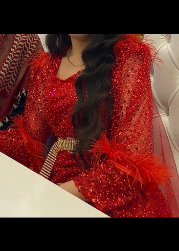 Kırmızı Parlak Uzun Kollu Kadın Abiye Elbise Fistan Yöresel - Görsel 3