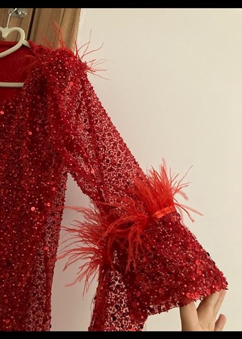 Kırmızı Parlak Uzun Kollu Kadın Abiye Elbise Fistan Yöresel - Görsel 4