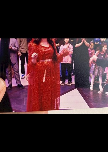 Kırmızı Parlak Uzun Kollu Kadın Abiye Elbise Fistan Yöresel - Görsel 2