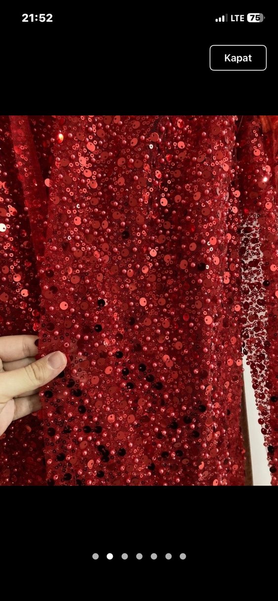 Kırmızı Parlak Uzun Kollu Kadın Abiye Elbise Fistan Yöresel - Görsel 5