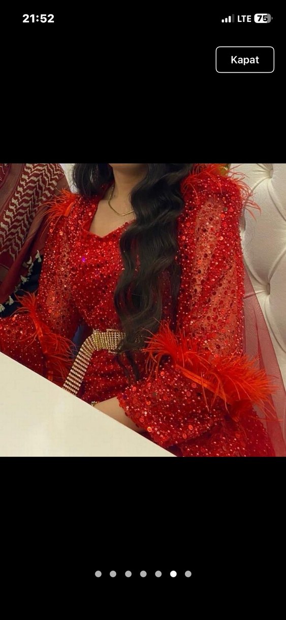 Kırmızı Parlak Uzun Kollu Kadın Abiye Elbise Fistan Yöresel - Görsel 3