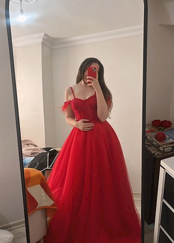 Kırmızı Straplez Midi Abiye Elbise