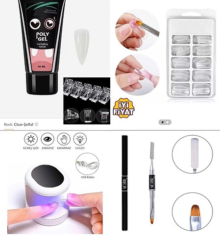 takma tırnak seti: polygel, uv led, kalıp form, fırça, klips, ch