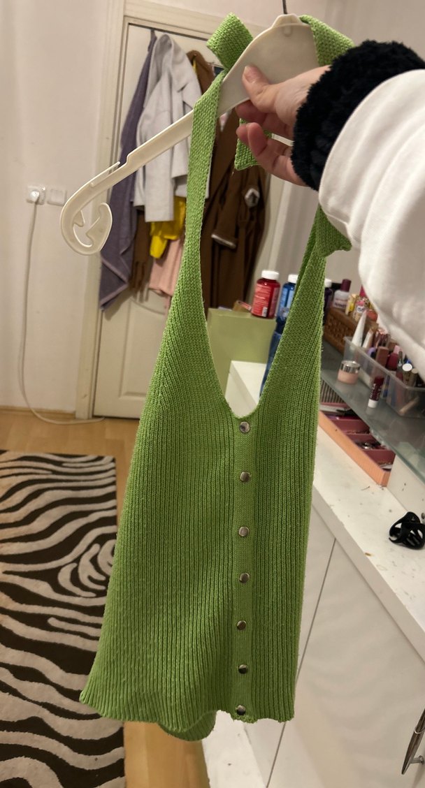 Düğmeli Yeşil Kadın Triko Süveter - Görsel 3