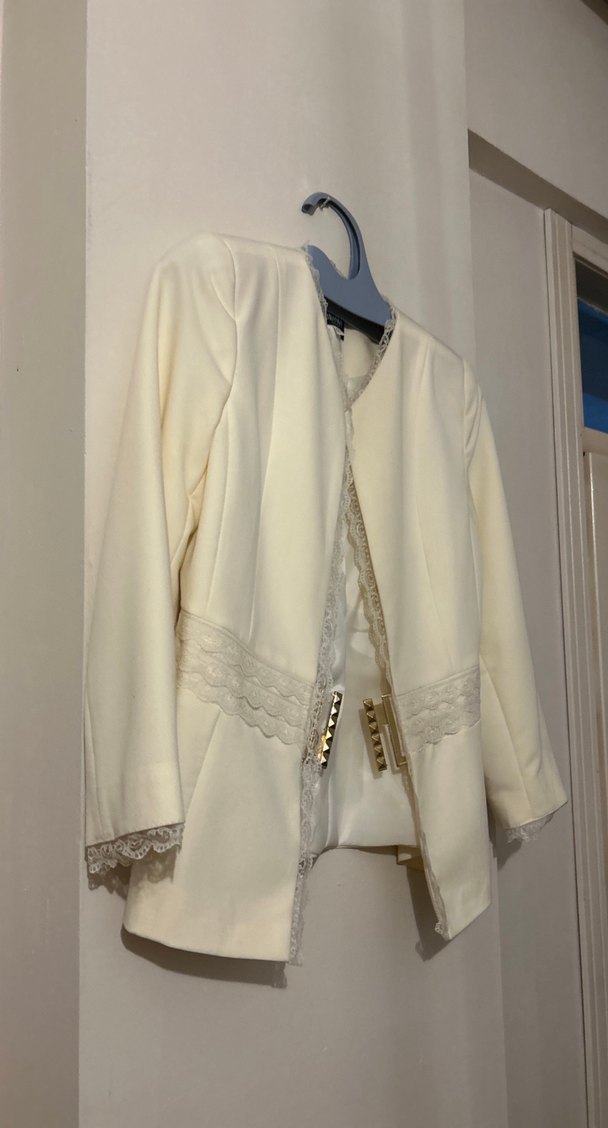 Düğmeli Beyaz Midi Kadın Blazer Ceket - Görsel 4