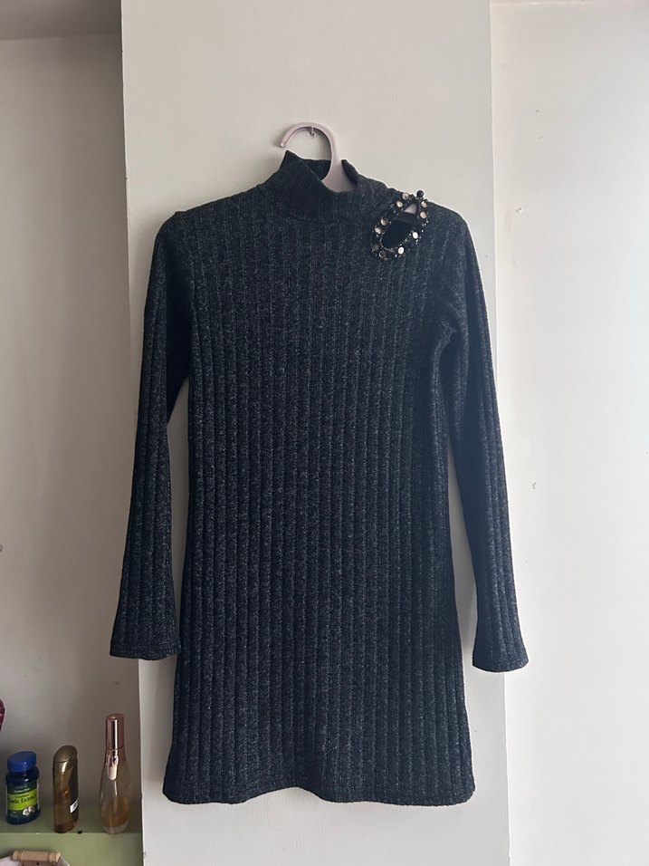 Gri Uzun Kollu Triko Kadın Elbise - Görsel 2